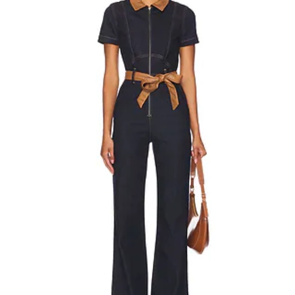 Alice + Olivia Black Jumpsuit with Tan Contrast Collar and Belt